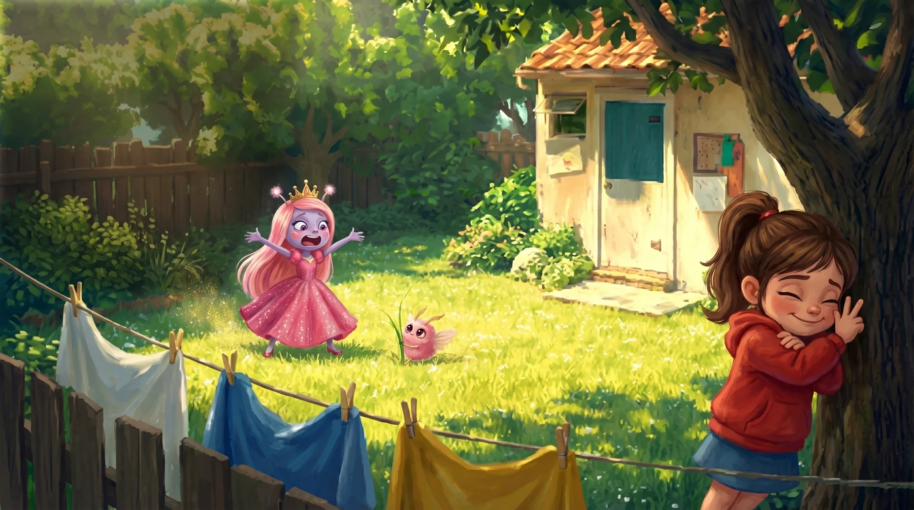 Picture book illustration — Princess Lumi crash-lands in an ordinary suburban backyard, where a girl named Maya peeks out from behind a tree near a clothesline