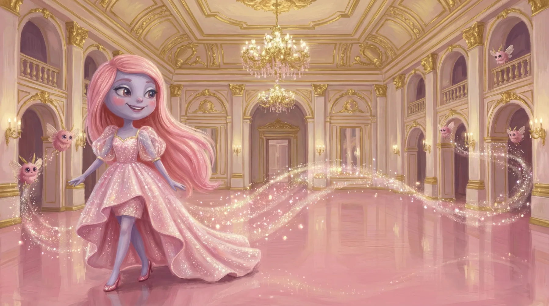 Children's picture book illustration — Princess Lumi twirling in a sparkling pink gown inside a golden royal ballroom on the planet Sparkle Zeta, surrounded by glowing Shimmer Fairies